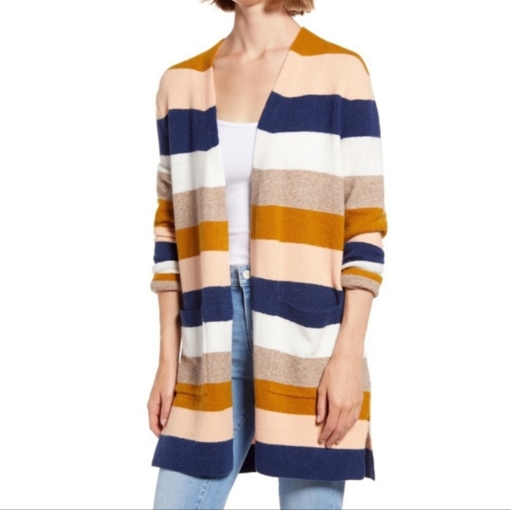 Madewell Kent Striped Open Front Wool Alpaca Blend Long Line Cardigan